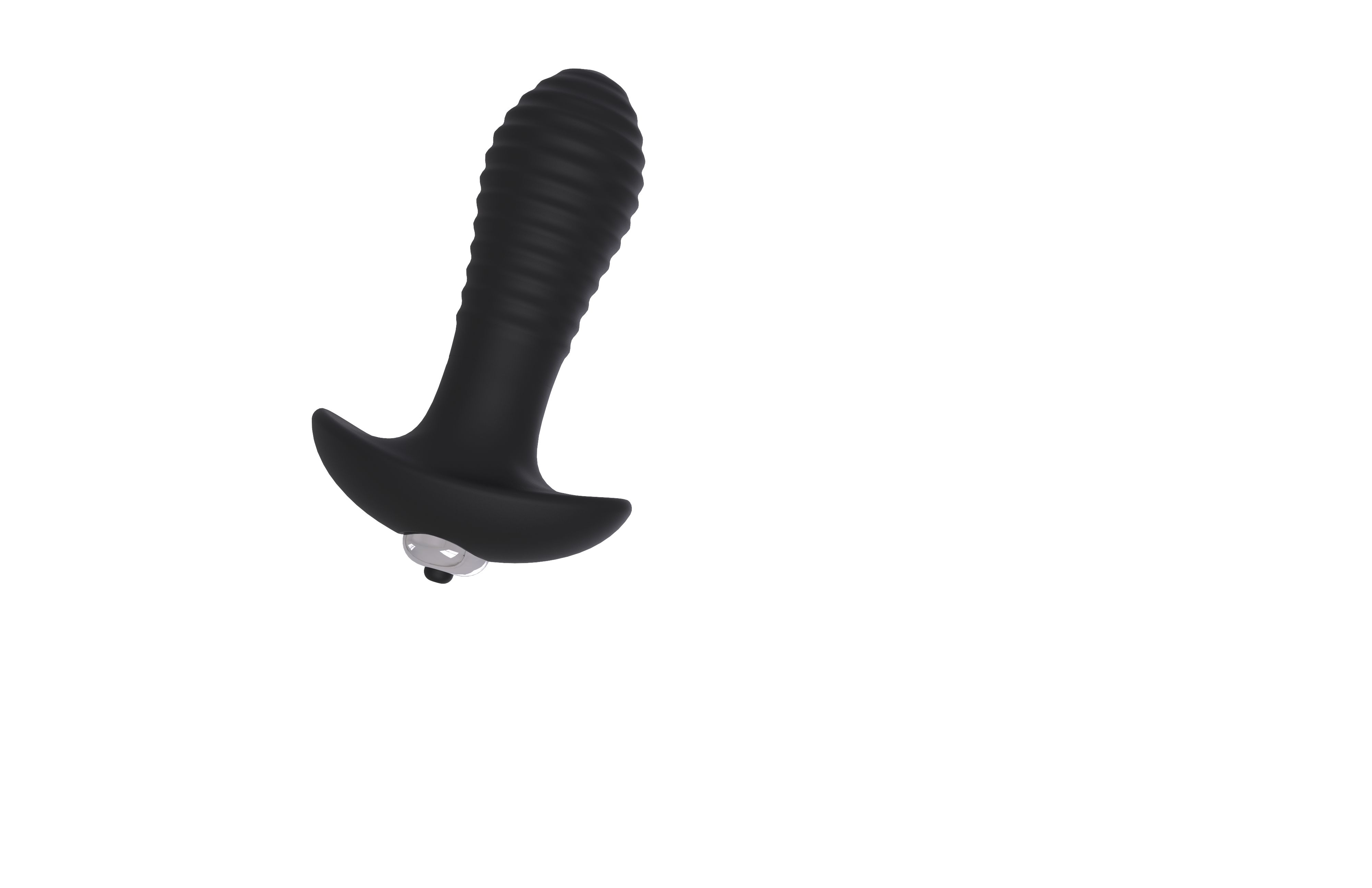 Schwarzer Analvibrator, leicht schräg. Geriffelte Oberfläche, Knopf. Auf weißem Hintergrund.