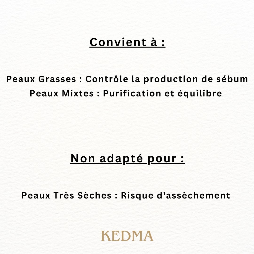 Convient à : Peaux Grasses : Contrôle la production de sébum. Peaux Mixtes : Purification et équilibre. Logo Kedma.