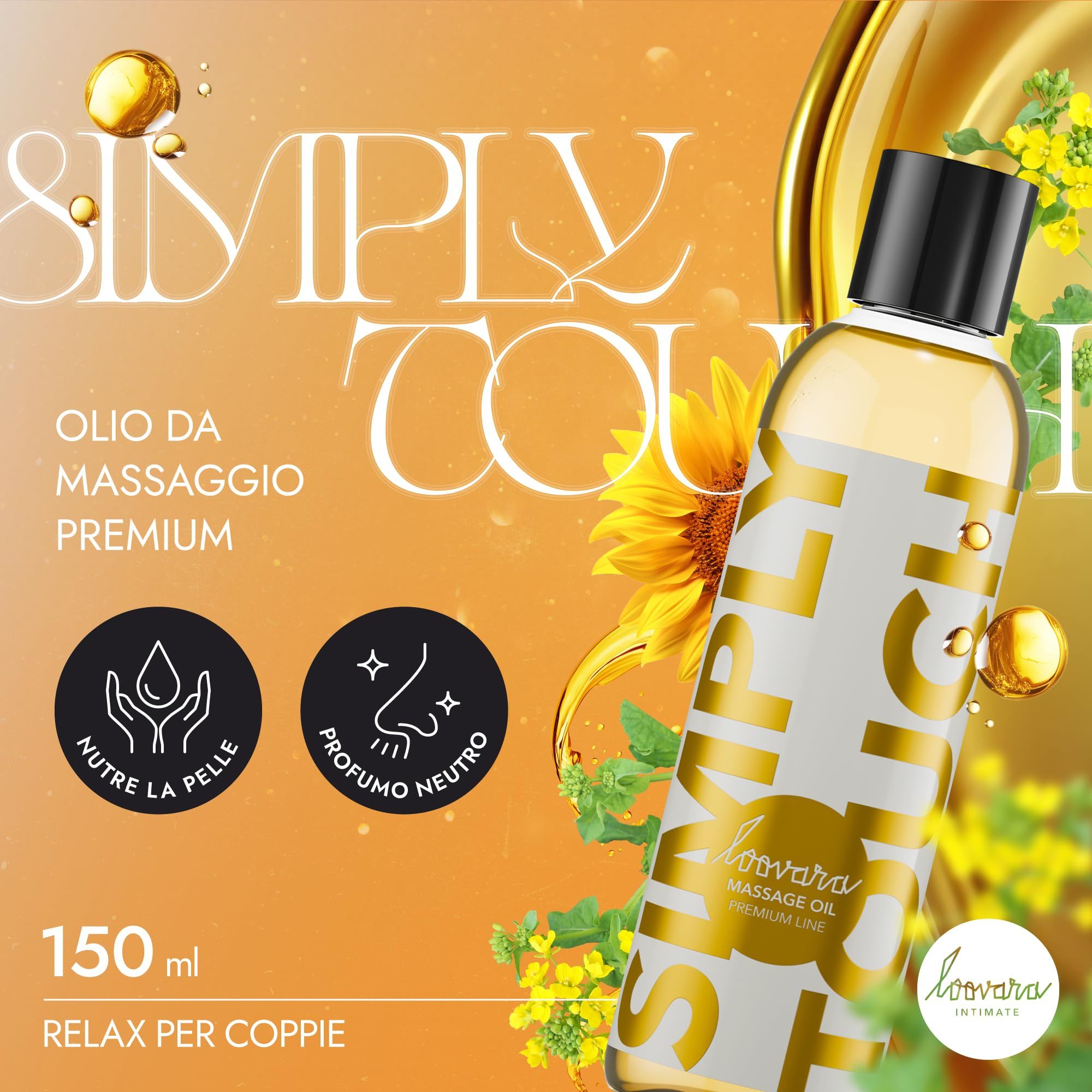 Loovara Simply Touch Massageöl Flasche neben Sonnenblumen und gelben Blüten.