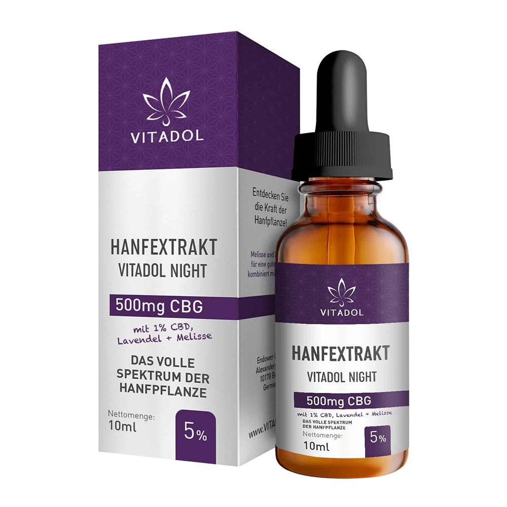 Braune Glasflasche mit schwarzem Deckel und Pipette. Aufschrift: VITADOL HANFEXTRAKT VITADOL NIGHT, 500mg CBG. Verpackung.