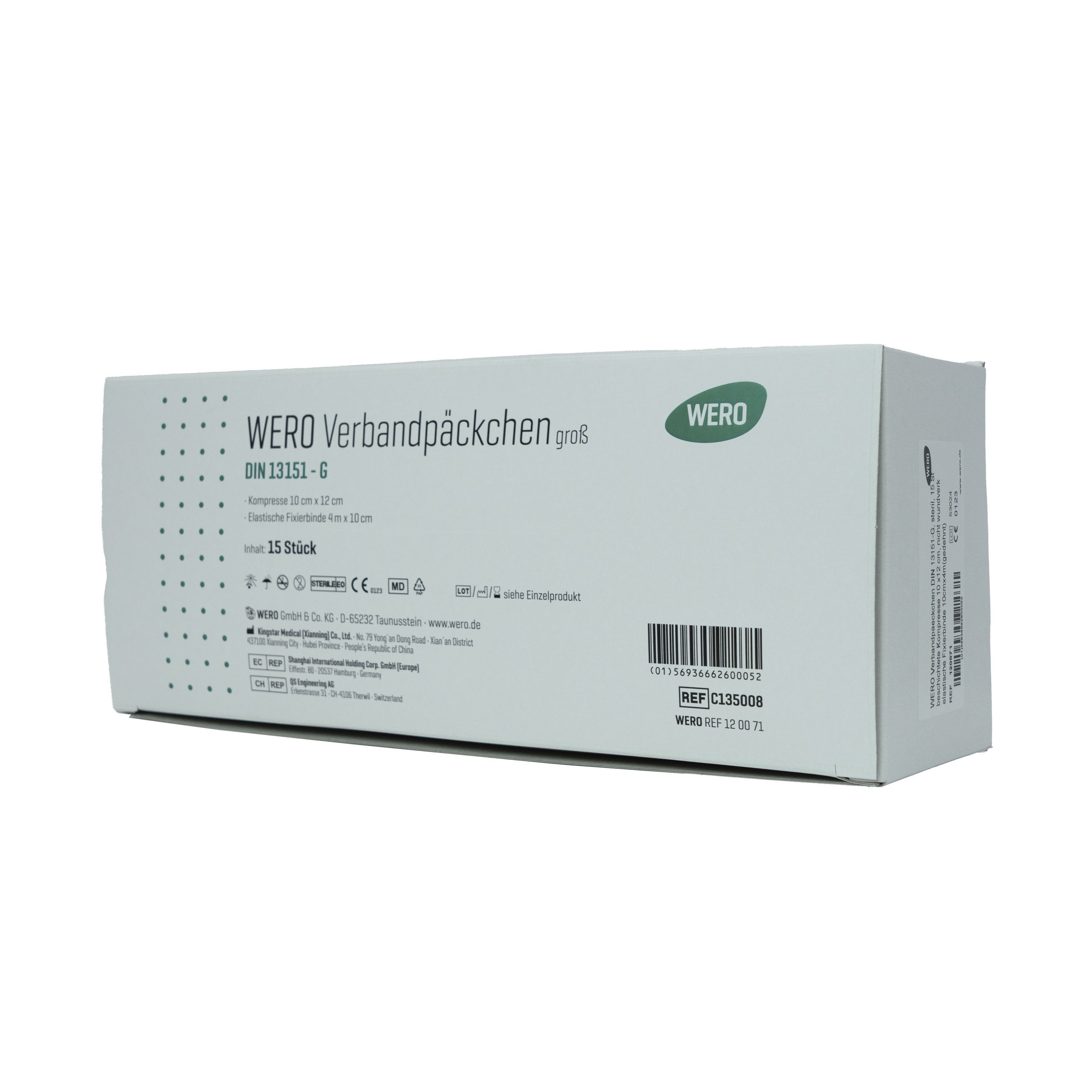 Weiße Box mit Aufschrift WERO Verbandpäckchen DIN 13151-G, 15 Stück.