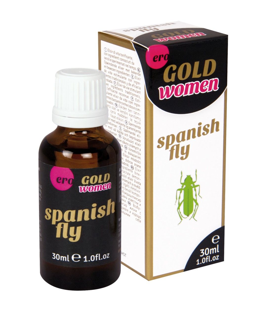 Braune Glasflasche mit weißem Verschluss und Produktverpackung. Aufschrift: Spanish Fly, Gold Women, 30ml.