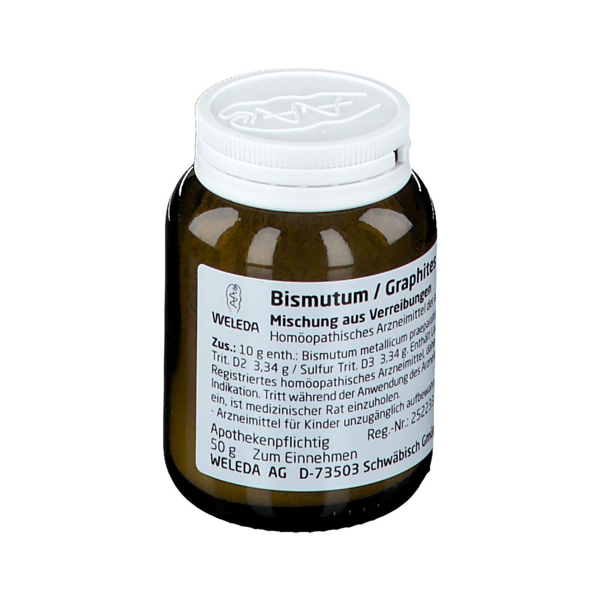 Braune Glasflasche mit weißem Deckel. Etikett mit Text. Apothekenzeichen auf dem Deckel. Produktname: Bismutum / Graphites comp.