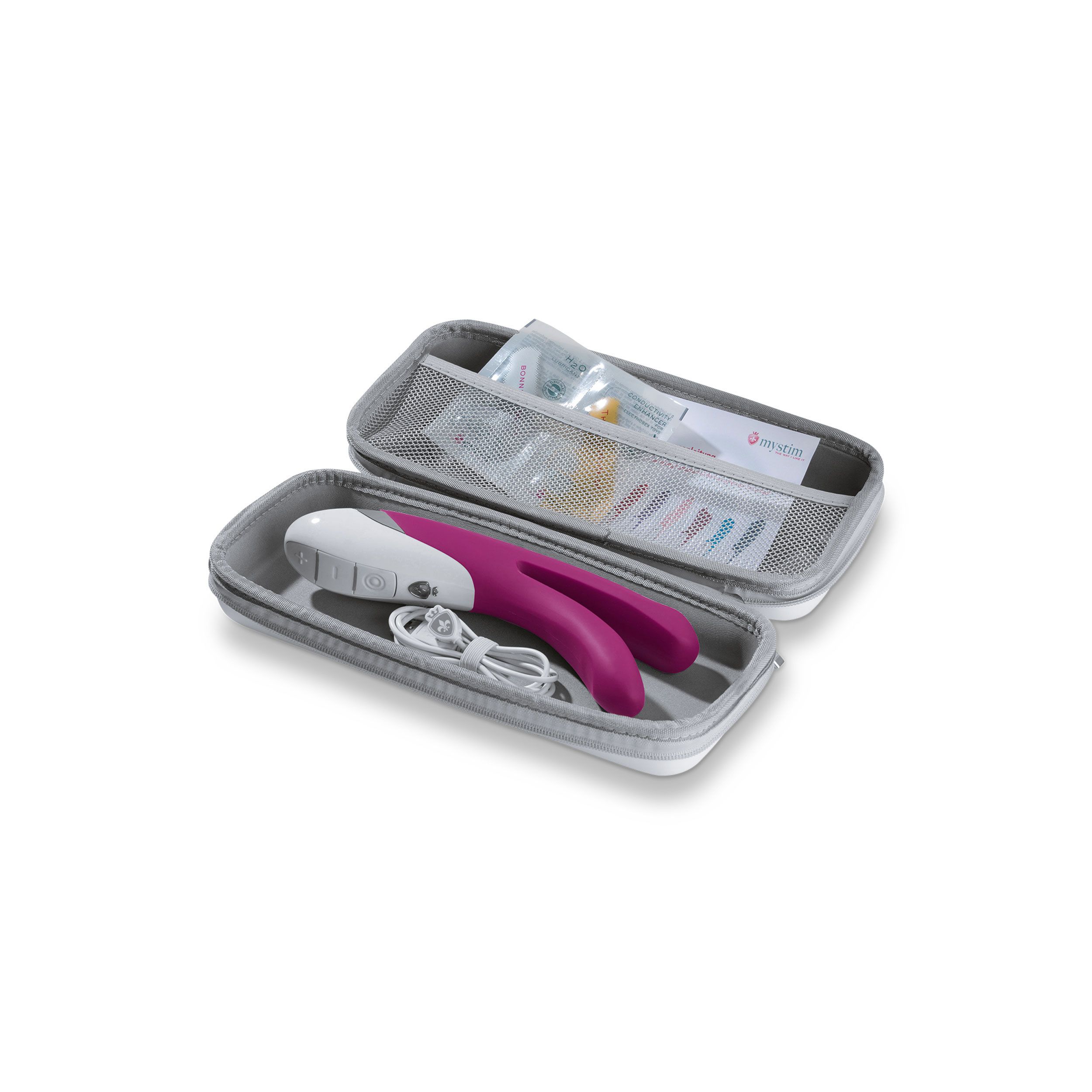 Vibrator und Zubehör in einer grauen Tasche. Kabel, Anleitungen.