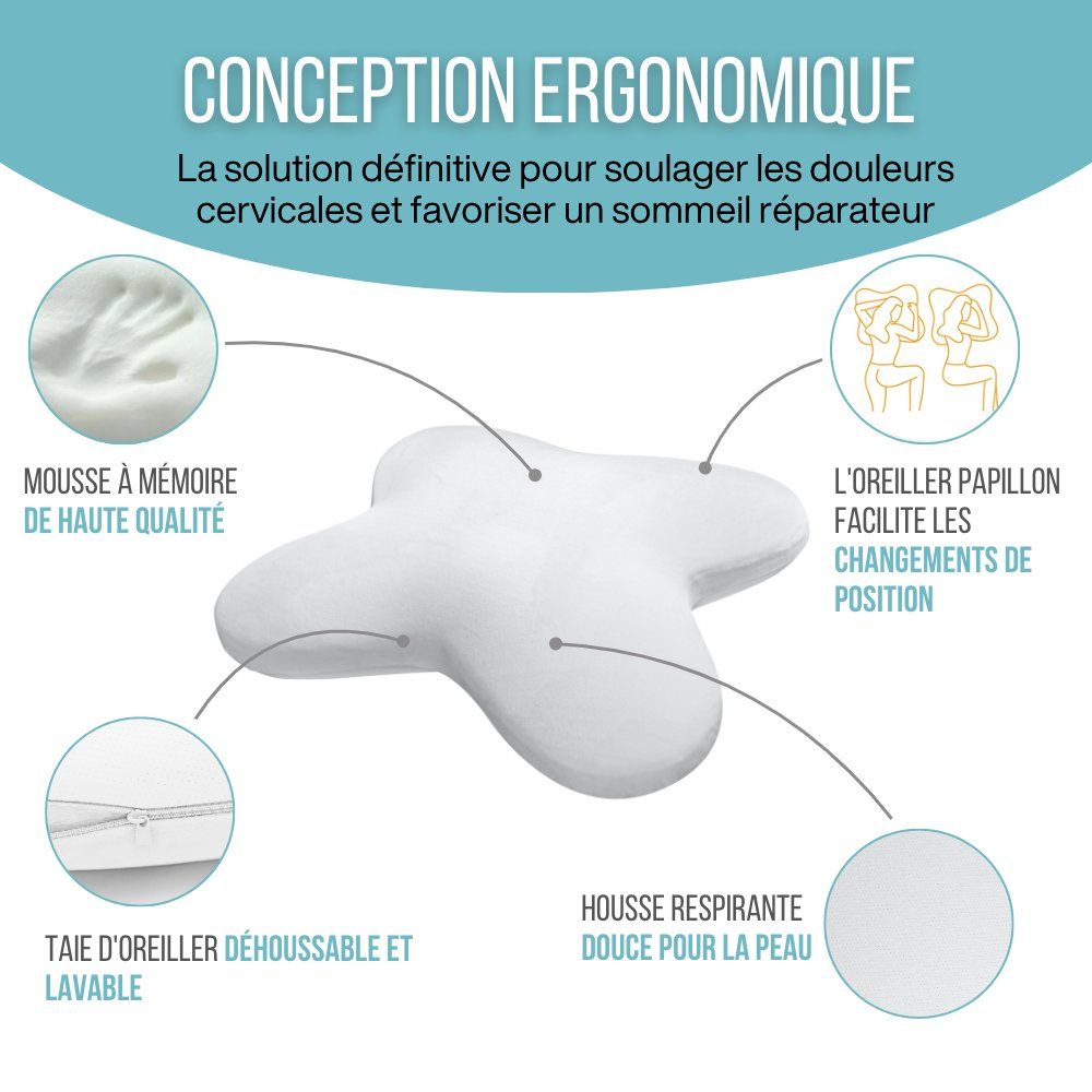 Oreiller papillon blanc. Design ergonomique, mousse à mémoire de forme, housse amovible.