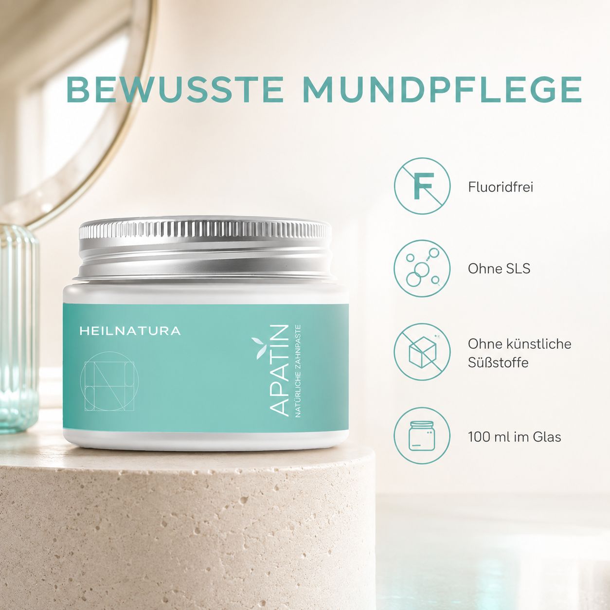 Heilnatura Zahnpasta: Fluoridfrei, ohne SLS, ohne künstliche Süßstoffe, 100 ml im Glas.
