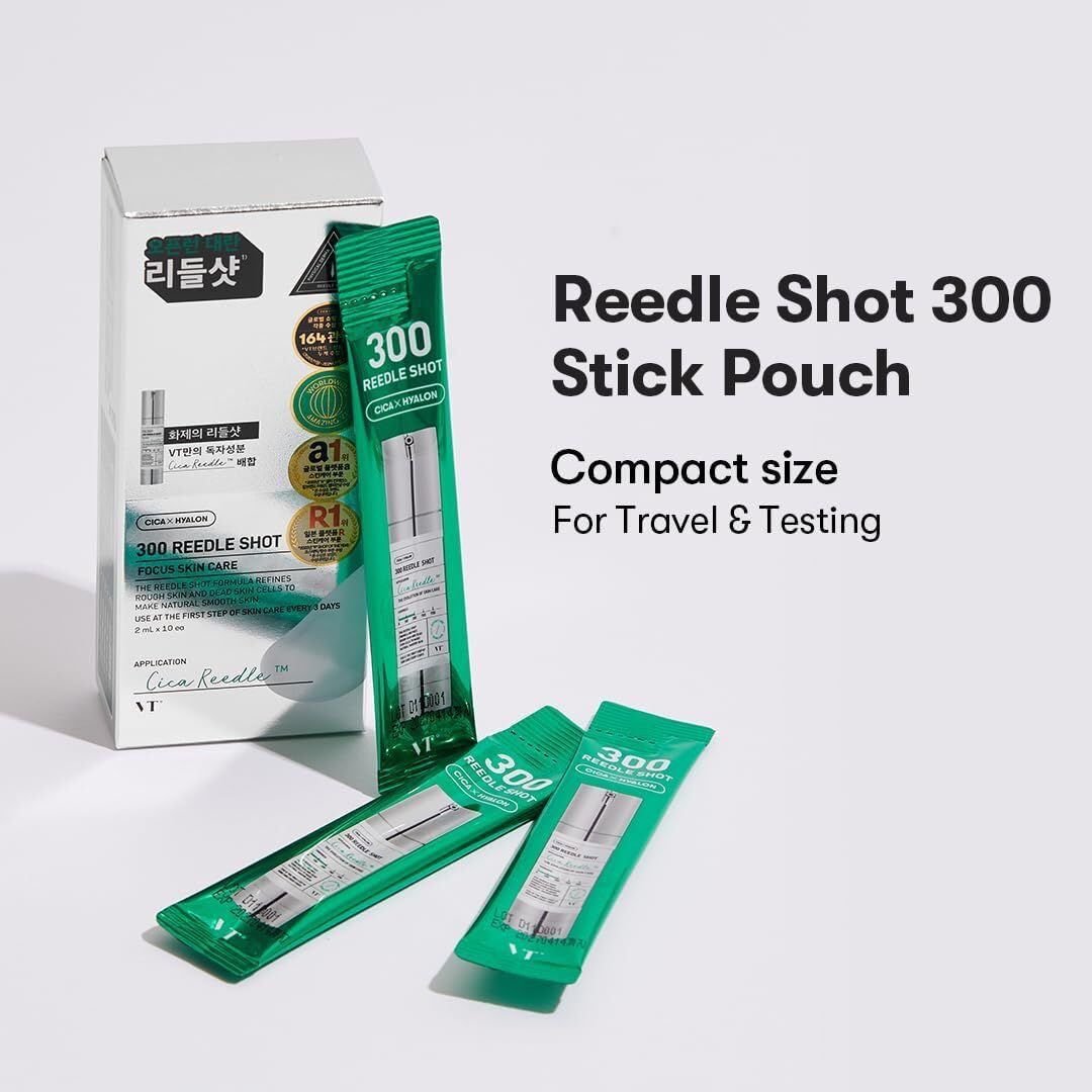Mehrere Einzelpackungen VT COSMETICS 300 Reedle Shot. Grün-weißes Design. Text: 300 REEDLE SHOT, Compact size.