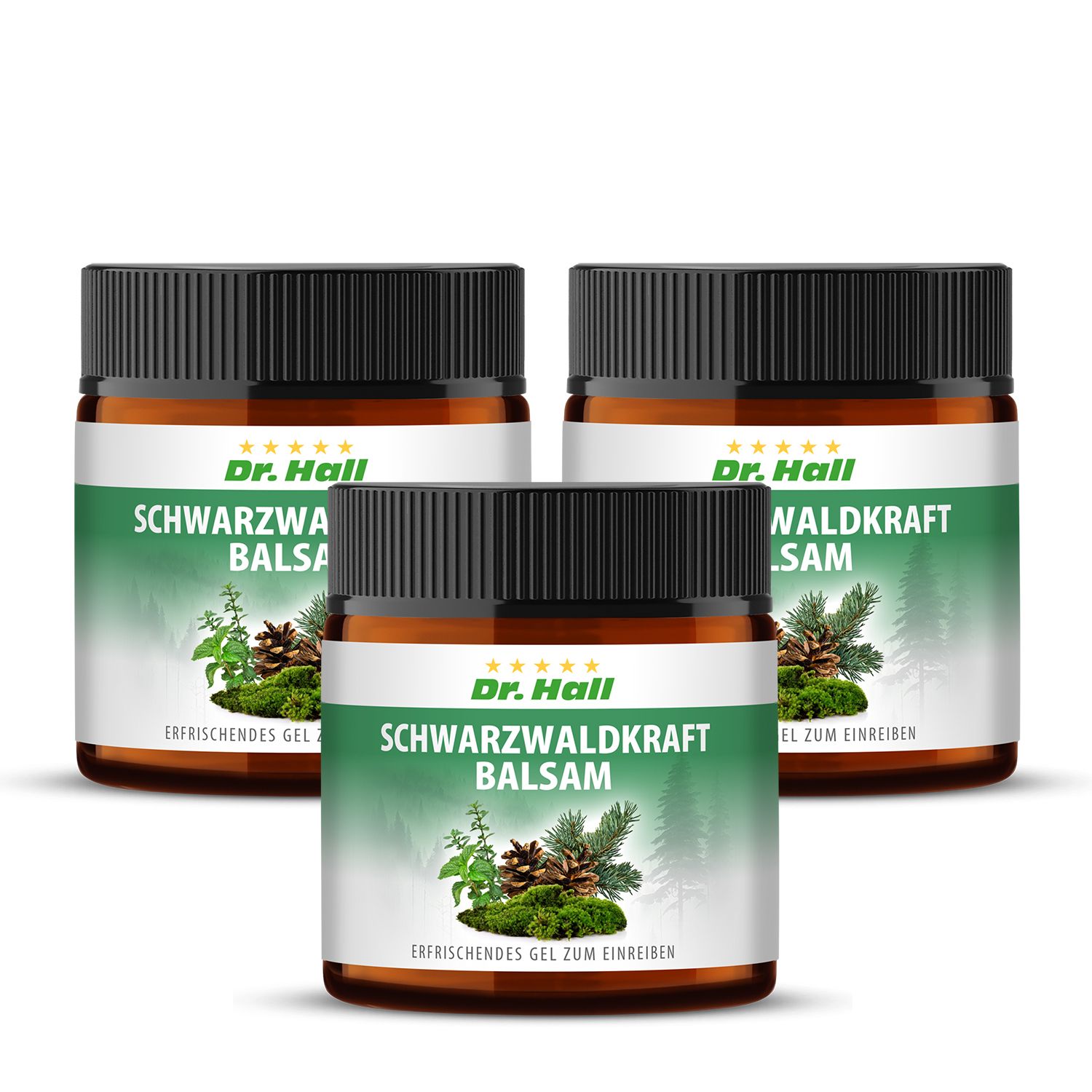 Drei Tiegel Dr. Hall Schwarzwaldkraft Balsam. Braune Gläser mit schwarzen Deckeln und grünen Etiketten. Aufschrift: Schwarzwaldkraft Balsam.