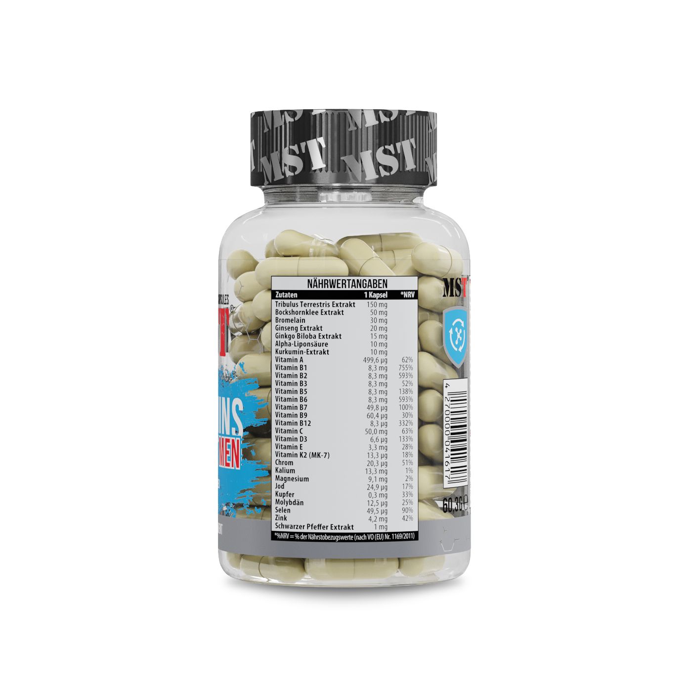 Rückseite einer transparenten Flasche mit gelben Kapseln. Etikett mit Nährwertangaben und Produktinformationen.