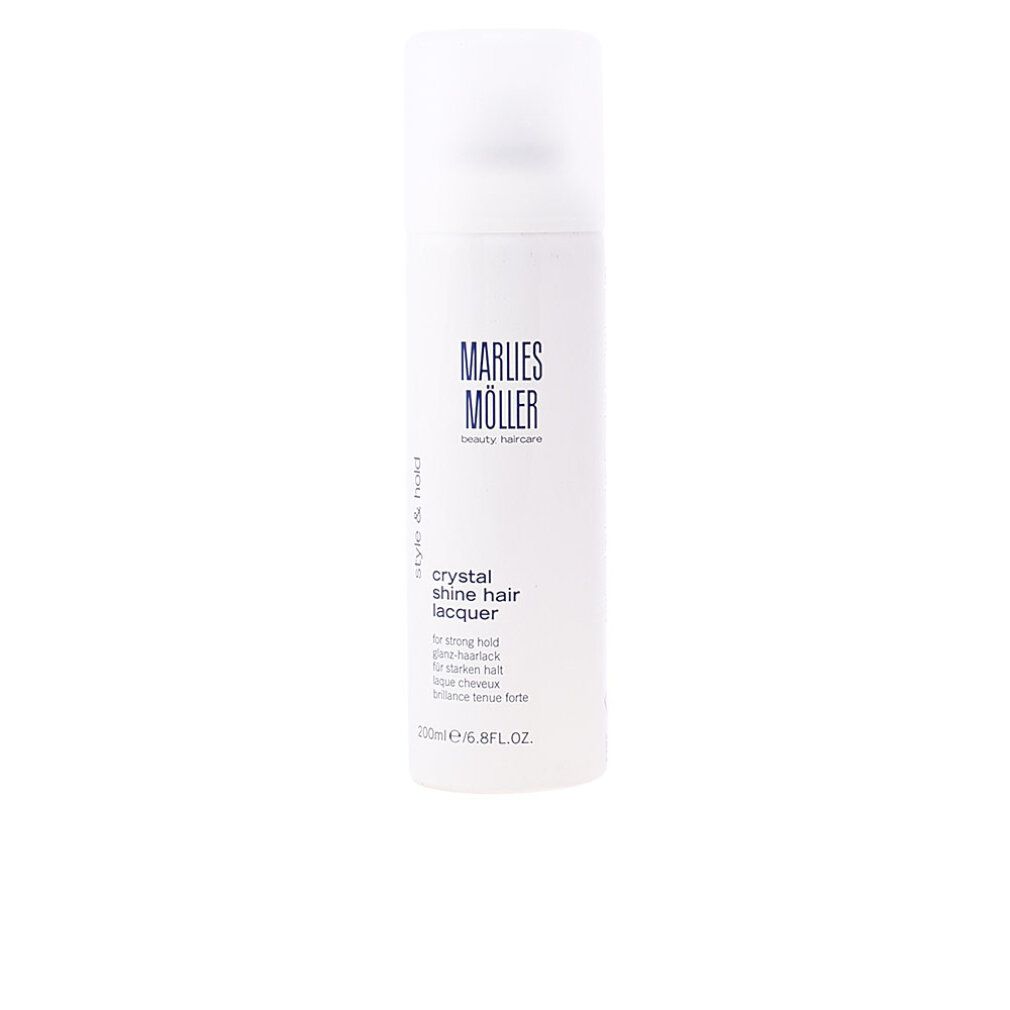 Haarspray-Flasche. Weißes Gehäuse, transparenter Sprühkopf. Aufschrift: Marlies Möller, Style & Hold, Crystal Shine Hair Lacquer.
