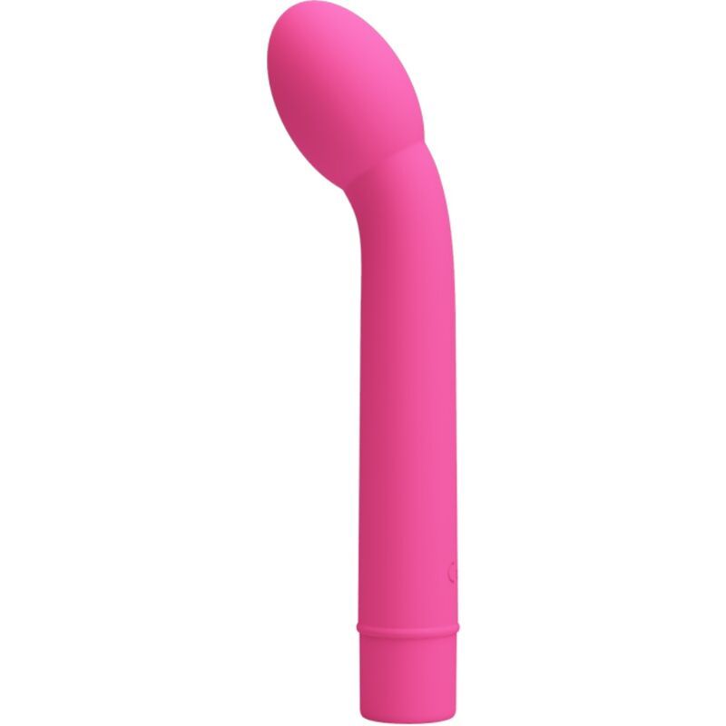 Rosa Vibrator mit gebogenem Schaft und ovalem Kopf. Einfaches Produktbild.