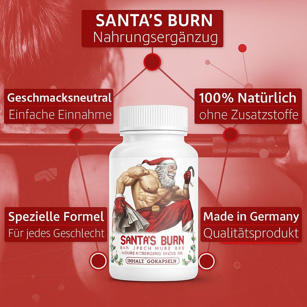 Weiße Flasche Santa's Burn. Text: Nahrungsergänzung, 100% natürlich, Made in Germany. Abbildung eines muskulösen Weihnachtsmanns.