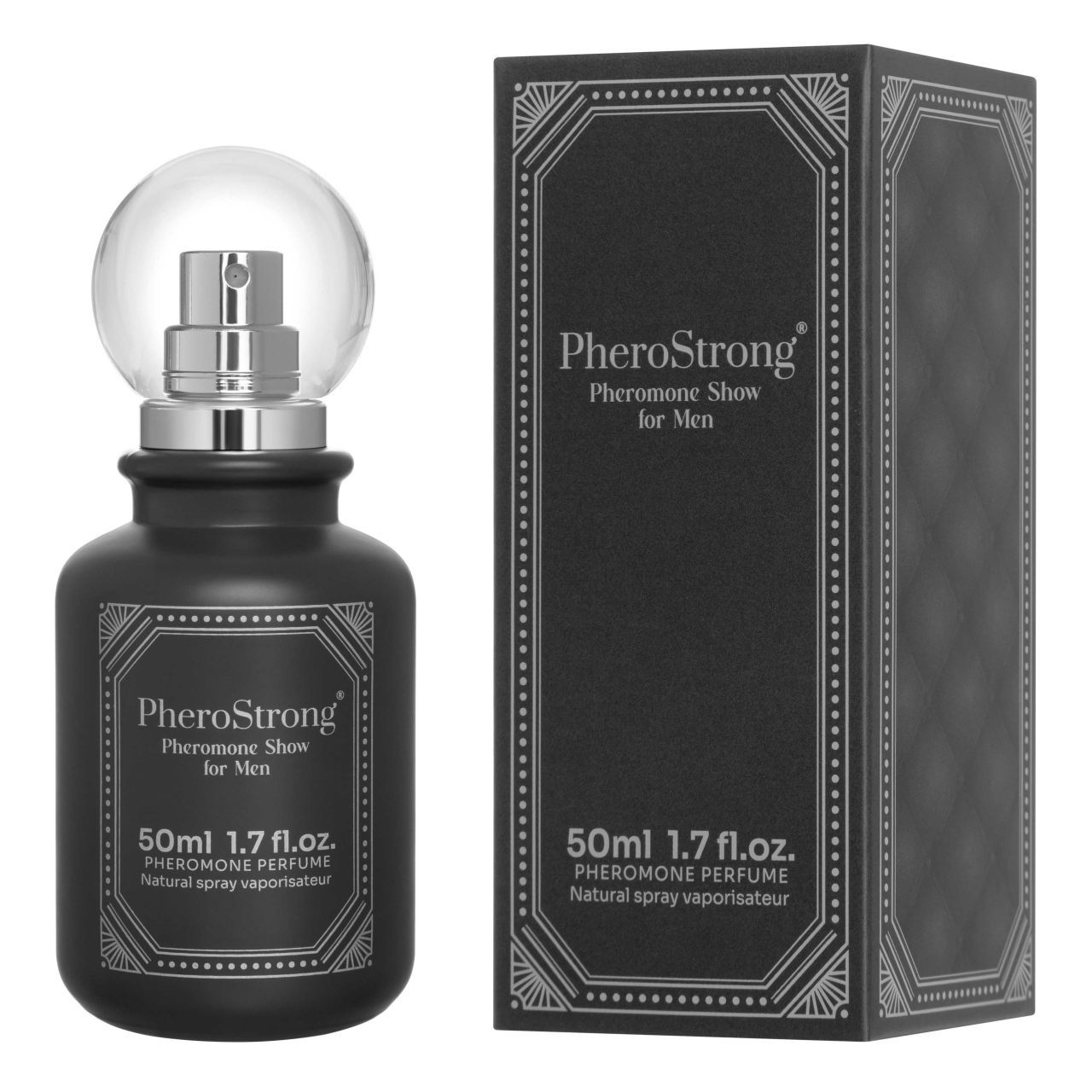 Flasche und Verpackung. Aufschrift: PheroStrong Pheromone Show for Men, 50ml 1.7 fl.oz. Natürliches Spray. Zerstäuber.