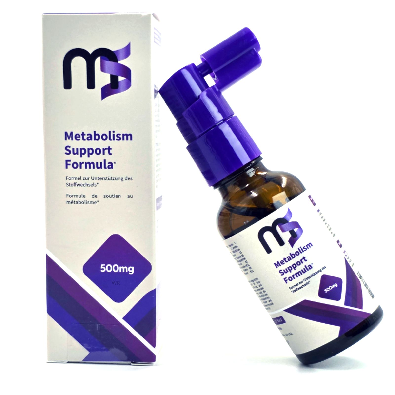 Braune Glasflasche mit lila Sprühkopf und Schachtel. Aufschrift: MS, Metabolism Support Formula, 500mg. Produkt und Verpackung.