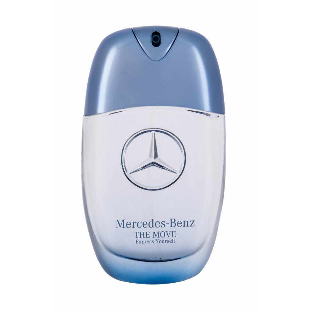 Blau-transparenter Flakon mit silbernem Mercedes-Benz-Logo. Der Flakon hat eine ovale Form mit einem blauen Deckel. Aufschrift: Mercedes-Benz THE MOVE.