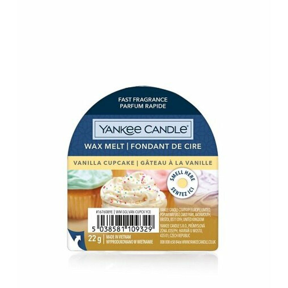 Yankee Candle Wachsmelt. Halbkreisförmige Verpackung mit Cupcake-Motiv. Text: Vanilla Cupcake. 22g.