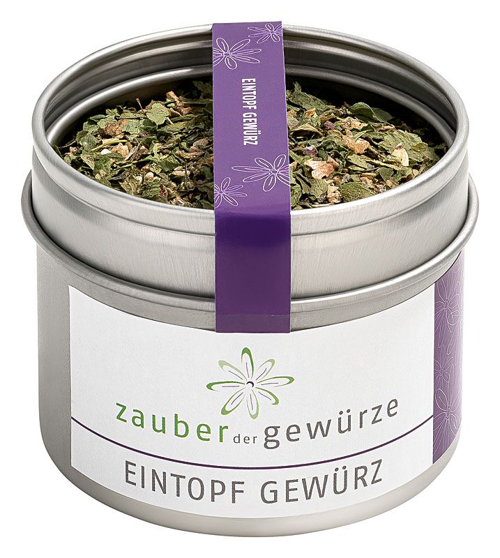 Metall-Dose mit Zauber der Gewürze Eintopf Gewürz. Weißes Etikett mit Produktnamen. Lila Band mit Aufschrift.