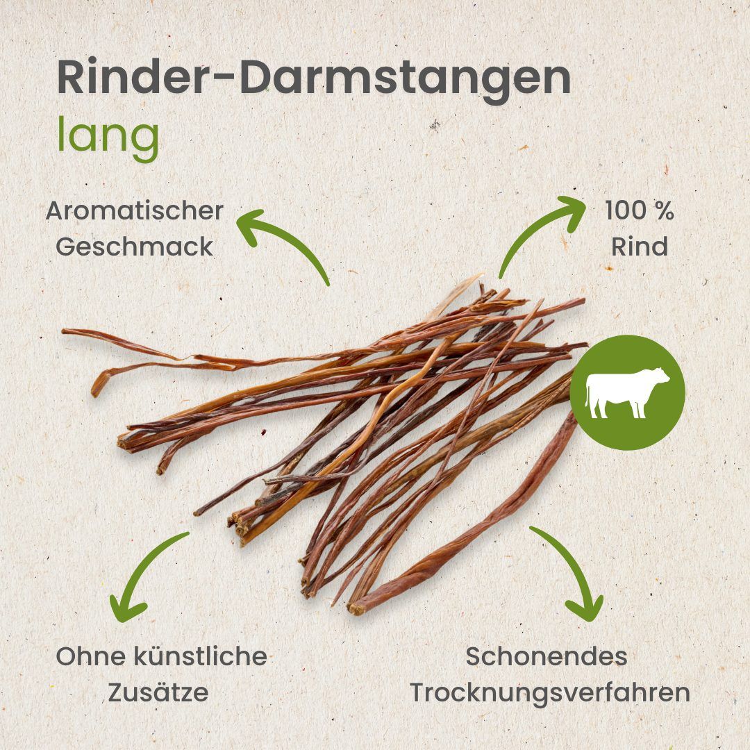 Haufen von langen Rinderdarm-Kauartikeln, 100% Rind, ohne Zusätze.