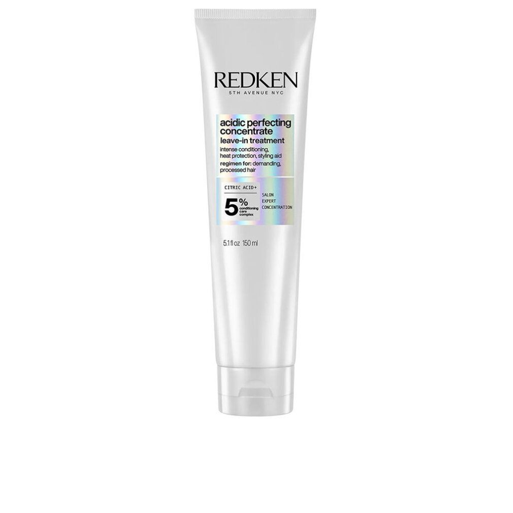 Weiße Tube mit Produkt. Aufschrift: Redken, Acidic Perfecting Concentrate Leave-in Treatment. 5% Zitronensäure. 5.1 fl oz 150 ml.