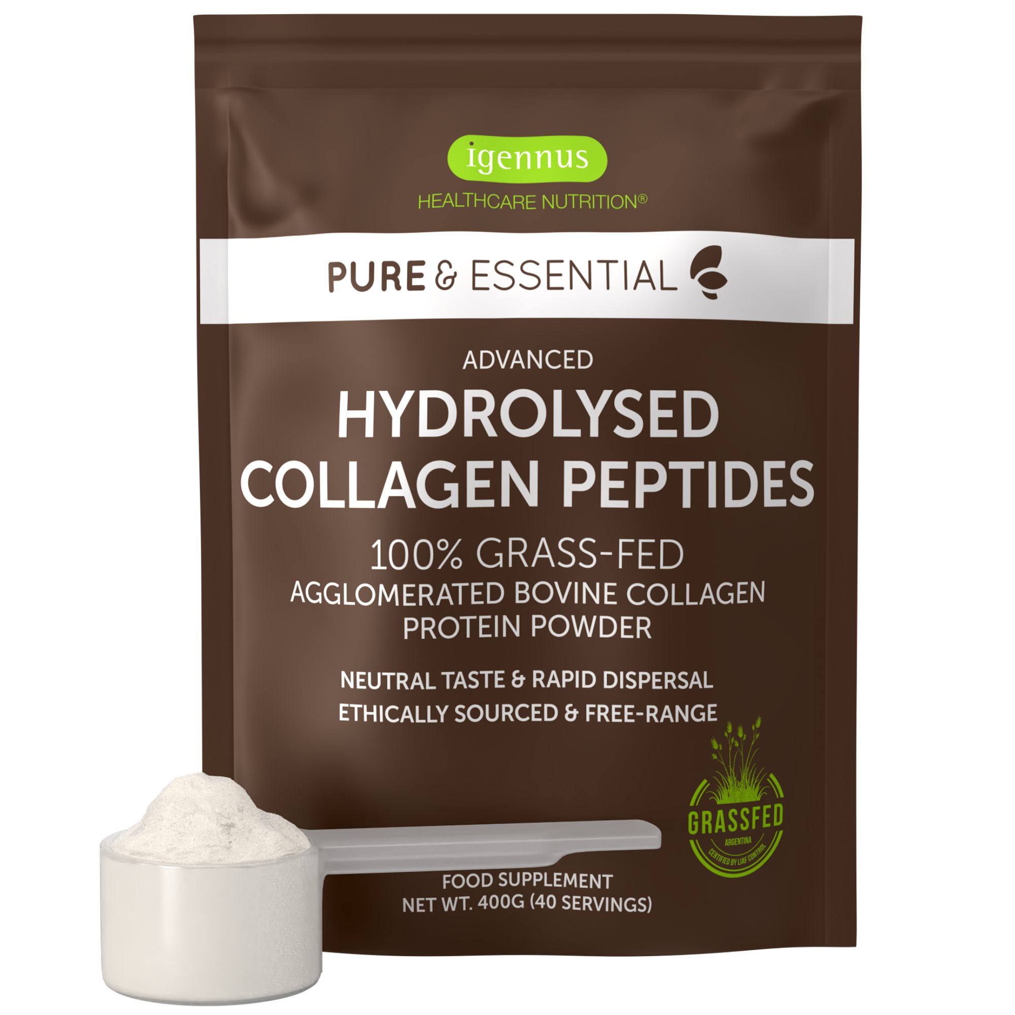 Braune Tüte mit weißem Pulver und Messlöffel. Aufschrift: Hydrolyzed Collagen Peptides, 100% Grass-Fed.