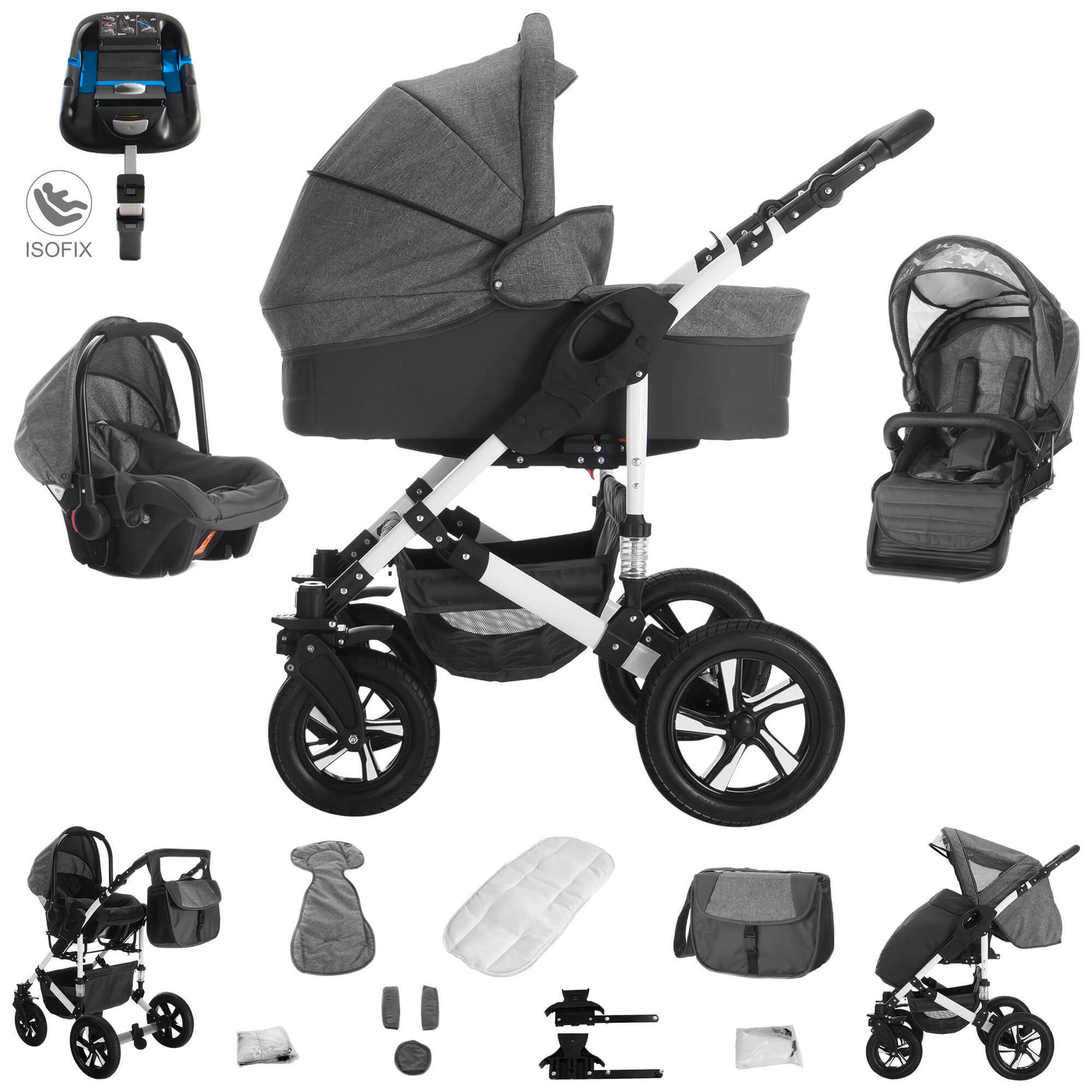Kinderwagen-Komplettset mit ISOFIX-Basis, Luftreifen. Enthält Babywanne, Sportsitz, Babyschale und Zubehör. Grau-schwarz.