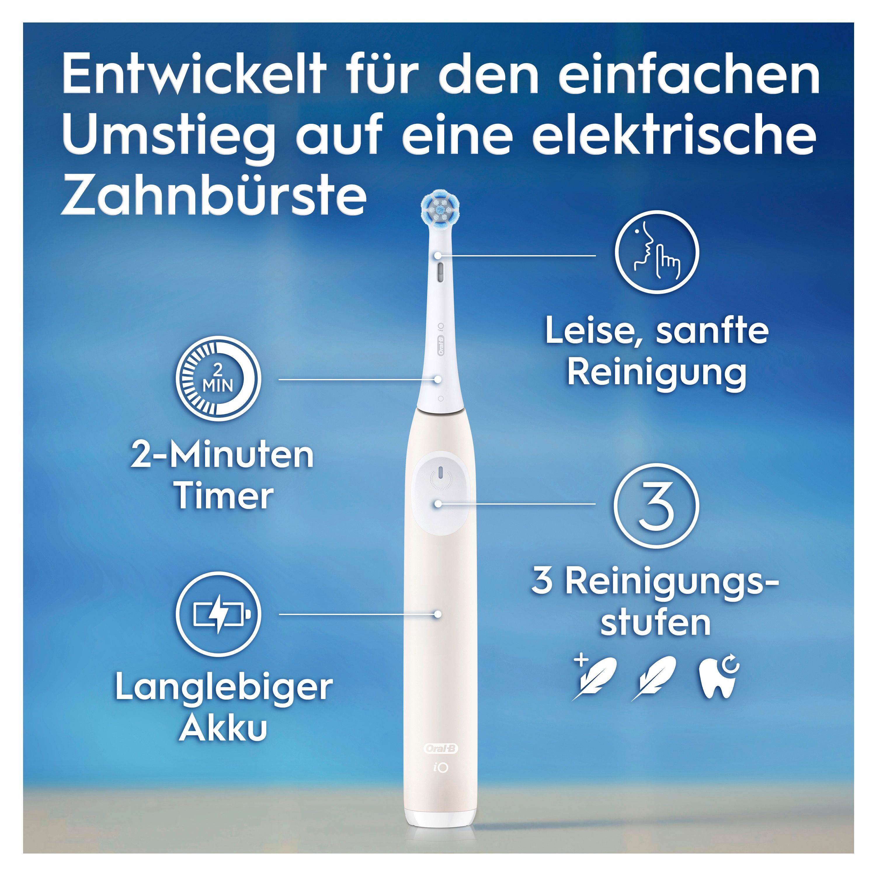 Elektrische Zahnbürste mit 2-Minuten-Timer, 3 Reinigungsstufen und langlebigem Akku. Marke: Oral-B. Farbe: Weiß.