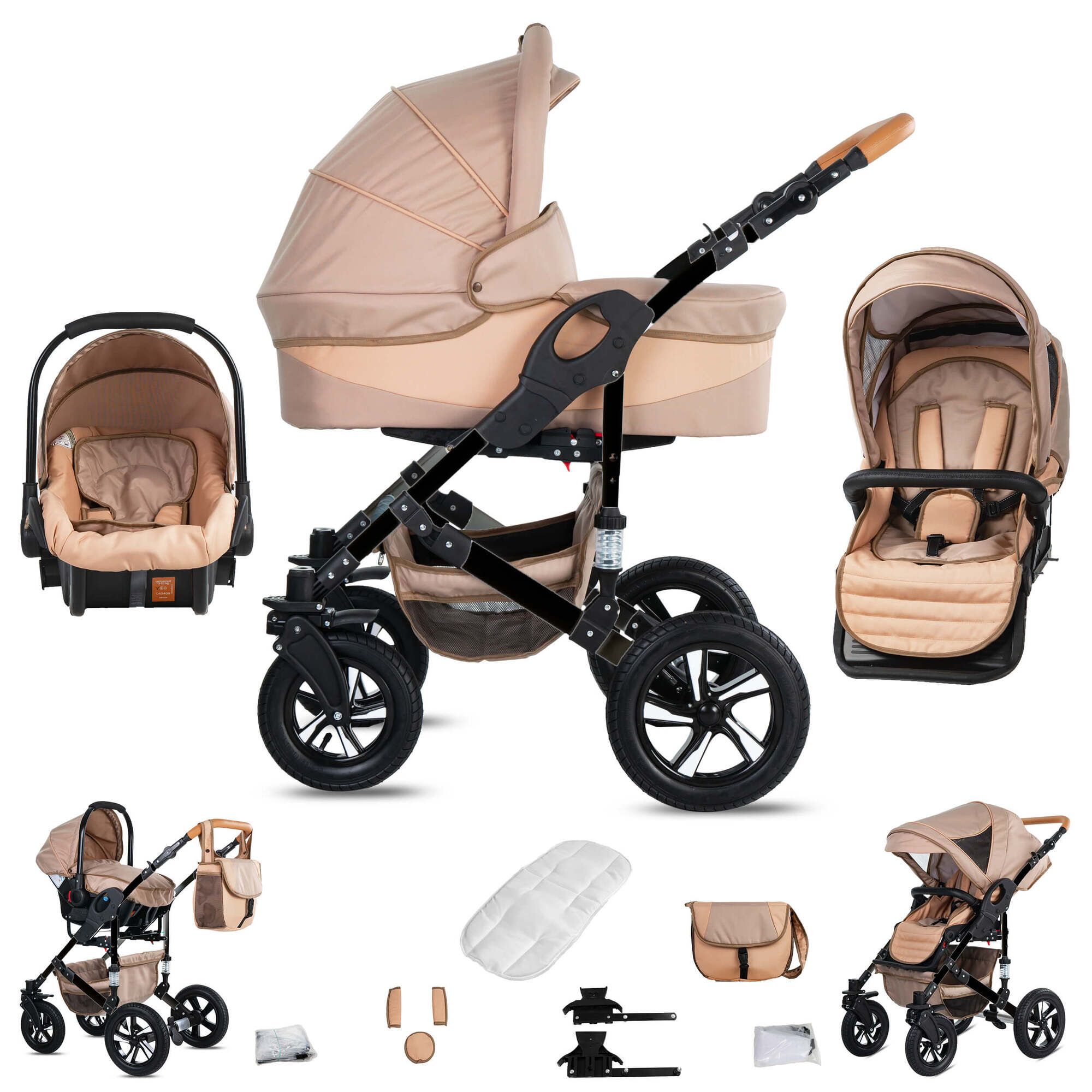 Friedrich Hugo Münster 3 in 1 Kinderwagen Set Luftreifen, Beige & Oatmeal