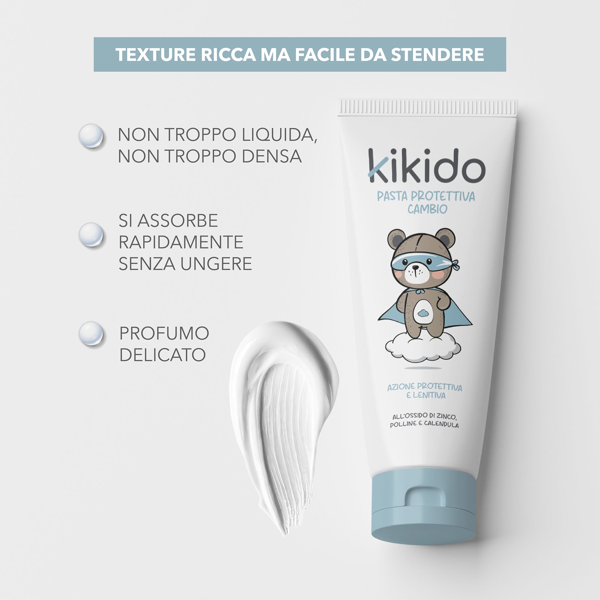Weiße Tube mit blauem Verschluss. Aufschrift "kikido" und Bären-Illustration. Text: Pasta Protettiva Cambio. Textur-Beschreibung.