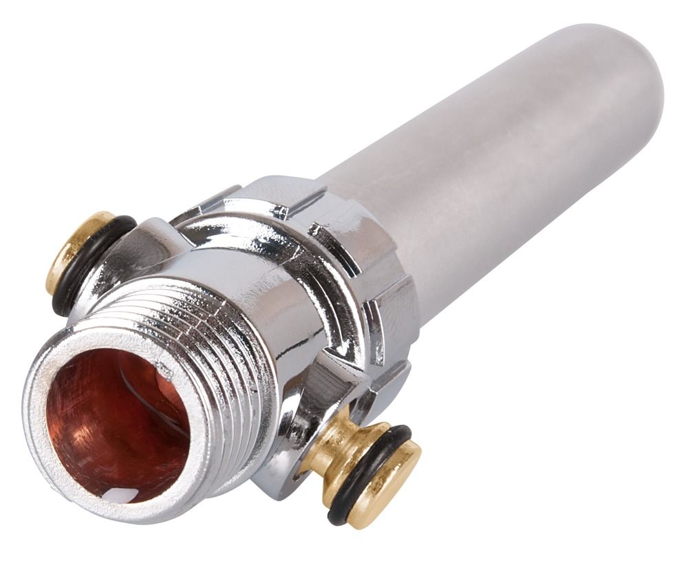 Intimdusche aus Aluminium. Zylindrischer Körper mit abgerundeter Spitze und mehreren Düsen. Chromfarbener Anschluss.