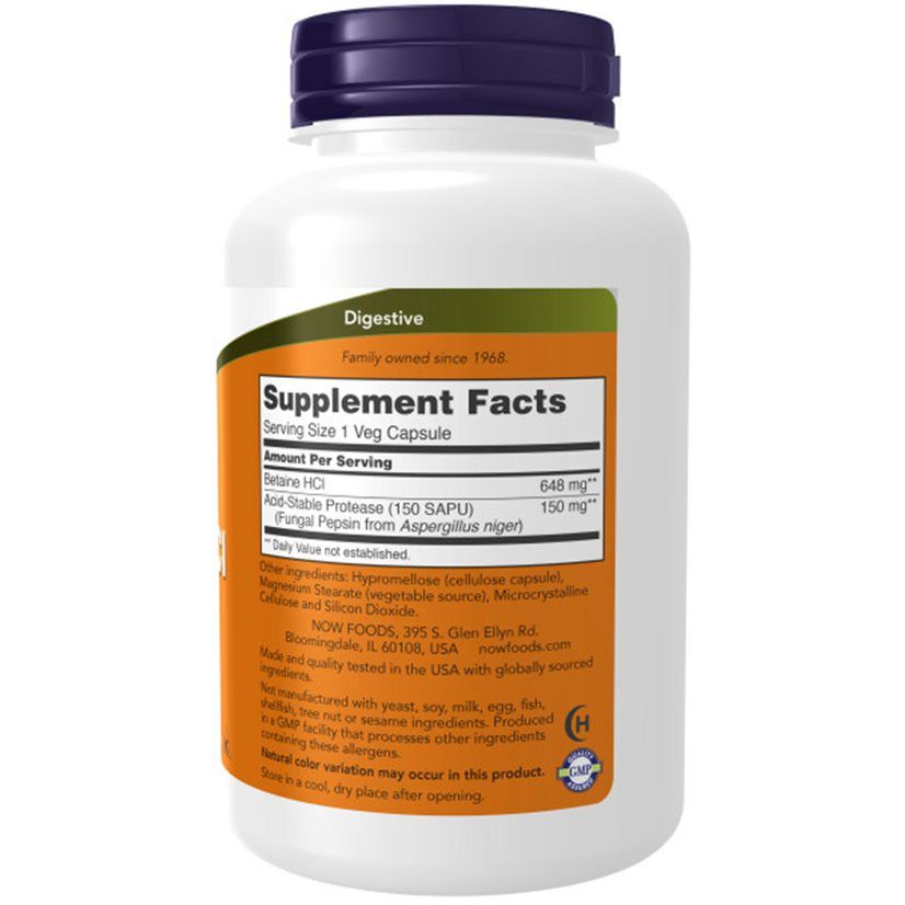 Rückseite der Flasche. Orangefarbenes Etikett mit Nährwertangaben. Text: Betaine HCl, Anti-Stable Protease. Logo: NOW.