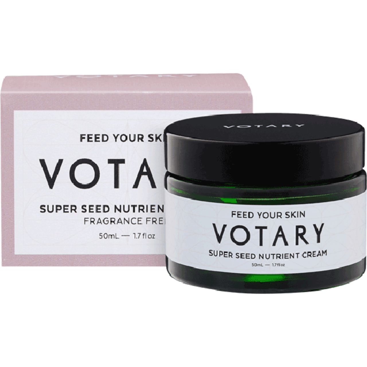 Creme-Glas und rosa Schachtel. Auf dem Glas steht "Votary Super Seed Nutrient Cream". Auf der Schachtel steht "Votary".