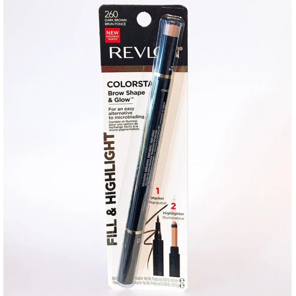 Revlon ColorStay Brow Shape & Glow Augenbrauenstift in Verpackung. Dunkelbraun, Stift und Highlighter. Schwarze Verpackung mit Produktinformationen.