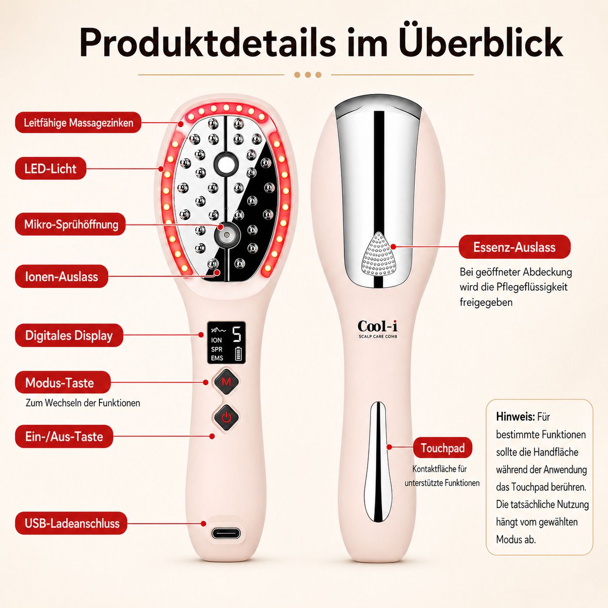 Detailansicht der Kopfhautbürste: LED, Mikrosprühung, Ionen, Display, Tasten, USB.
