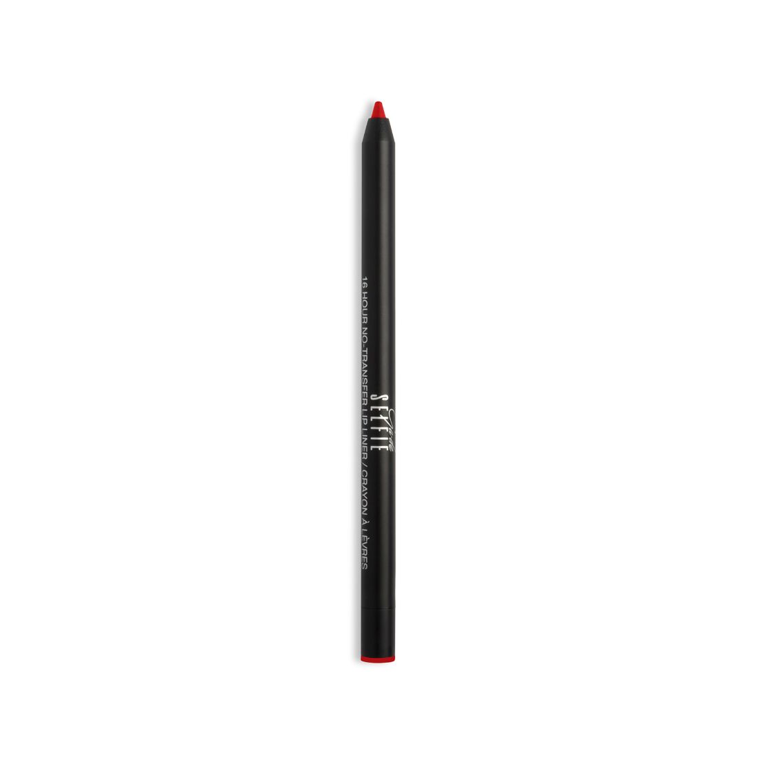 Schwarzer Lipliner mit roter Spitze. Aufschrift: Selfie. Schlanke, zylindrische Form.