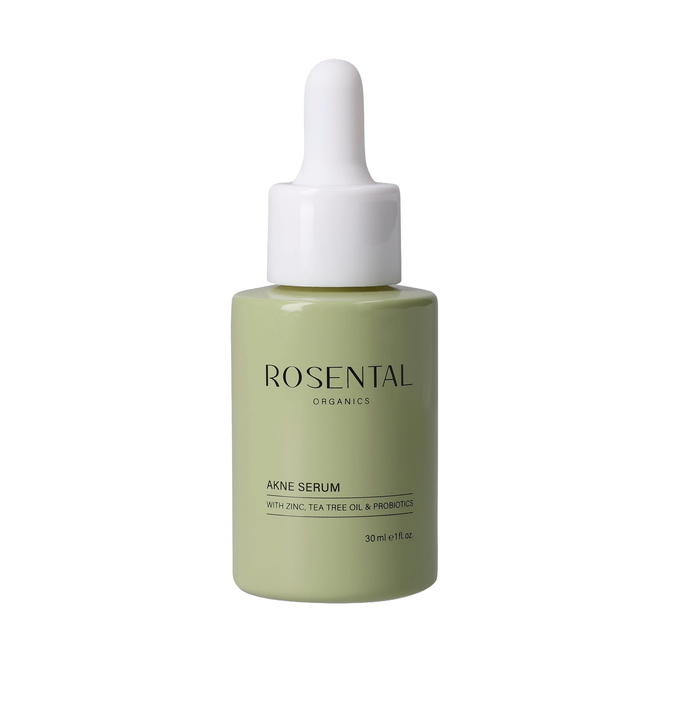 Grüne Flasche mit weißem Deckel. Text: Rosental Organics, Akne Serum, 30ml.