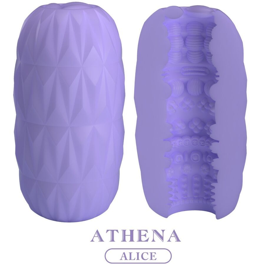 Zwei Ansichten eines violetten Masturbators. Geometrisches Design, Innenstruktur sichtbar. Text: ATHENA ALICE.