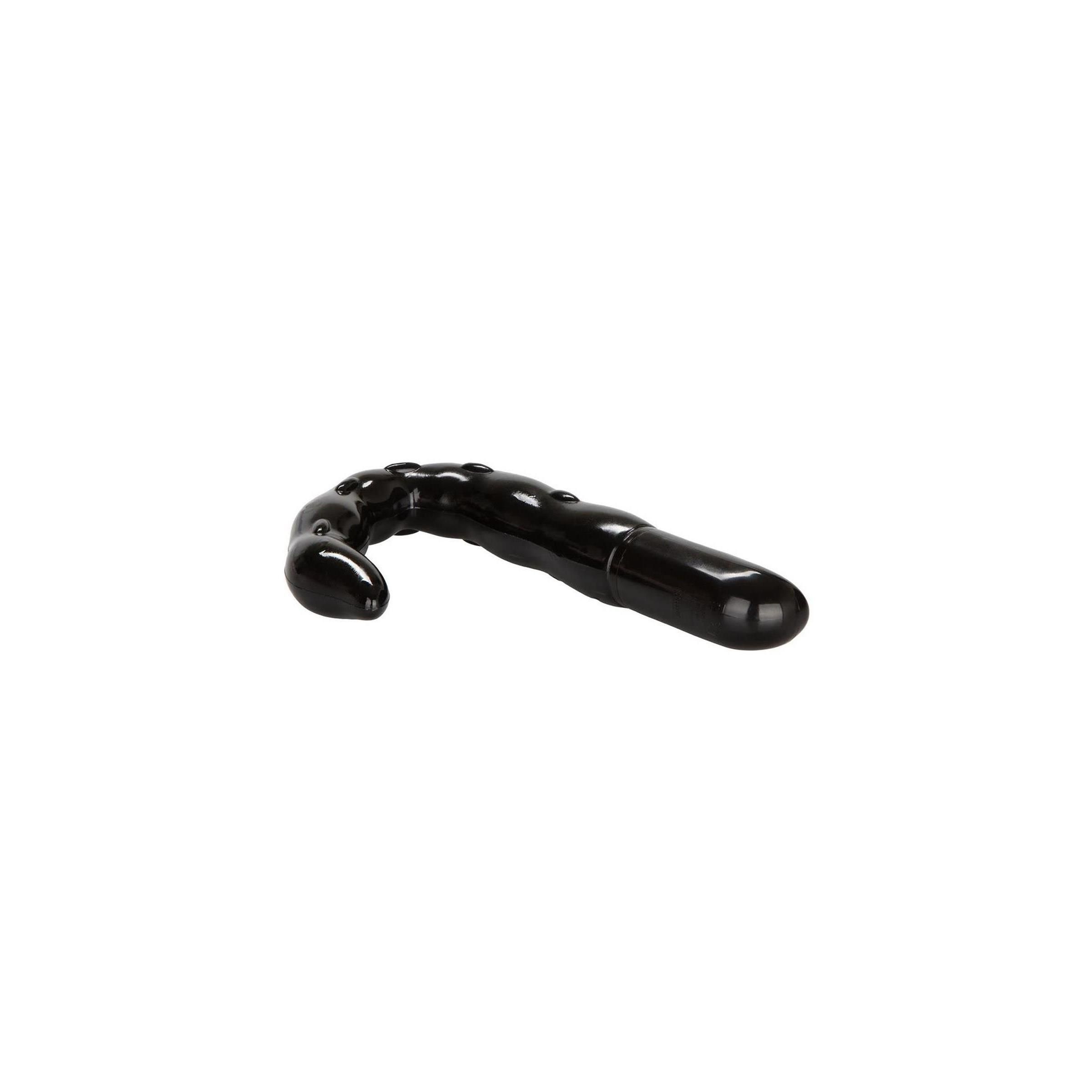 Schwarzer, gebogener Prostata-Stimulator. Sichtbare Oberfläche mit Erhebungen und glatten Bereichen.