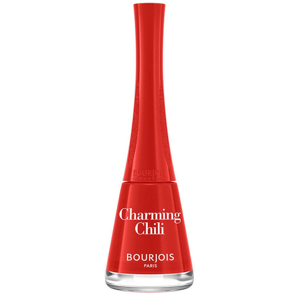 Roter Nagellackflakon. Aufschrift: Charming Chili, Bourjois Paris. Flakon mit rotem Deckel.