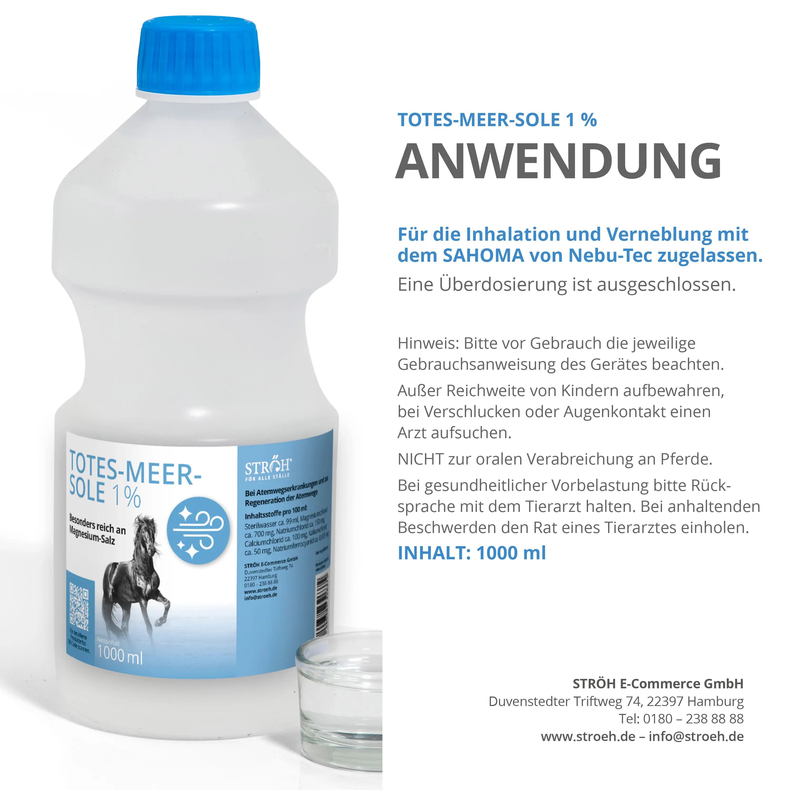 Flasche mit blauem Deckel und Etikett. Enthält Totes-Meer-Sole 1%. Anwendungshinweise. Ein Glas daneben. Aufschrift: STRÖH.