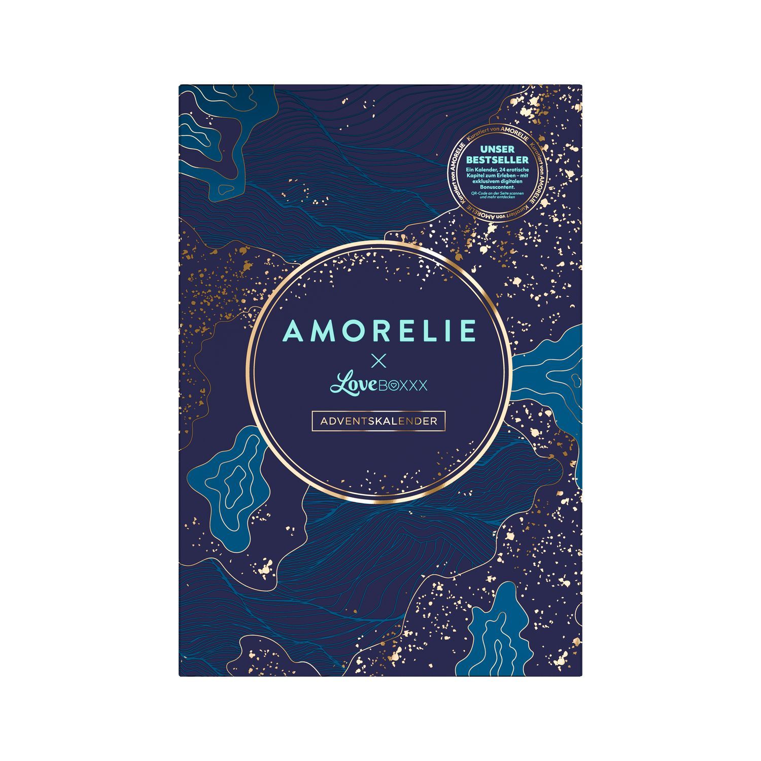 Vorderseite eines AMORELIE x Loveboxxx Adventskalenders mit blauem Design und goldenen Sternen.
