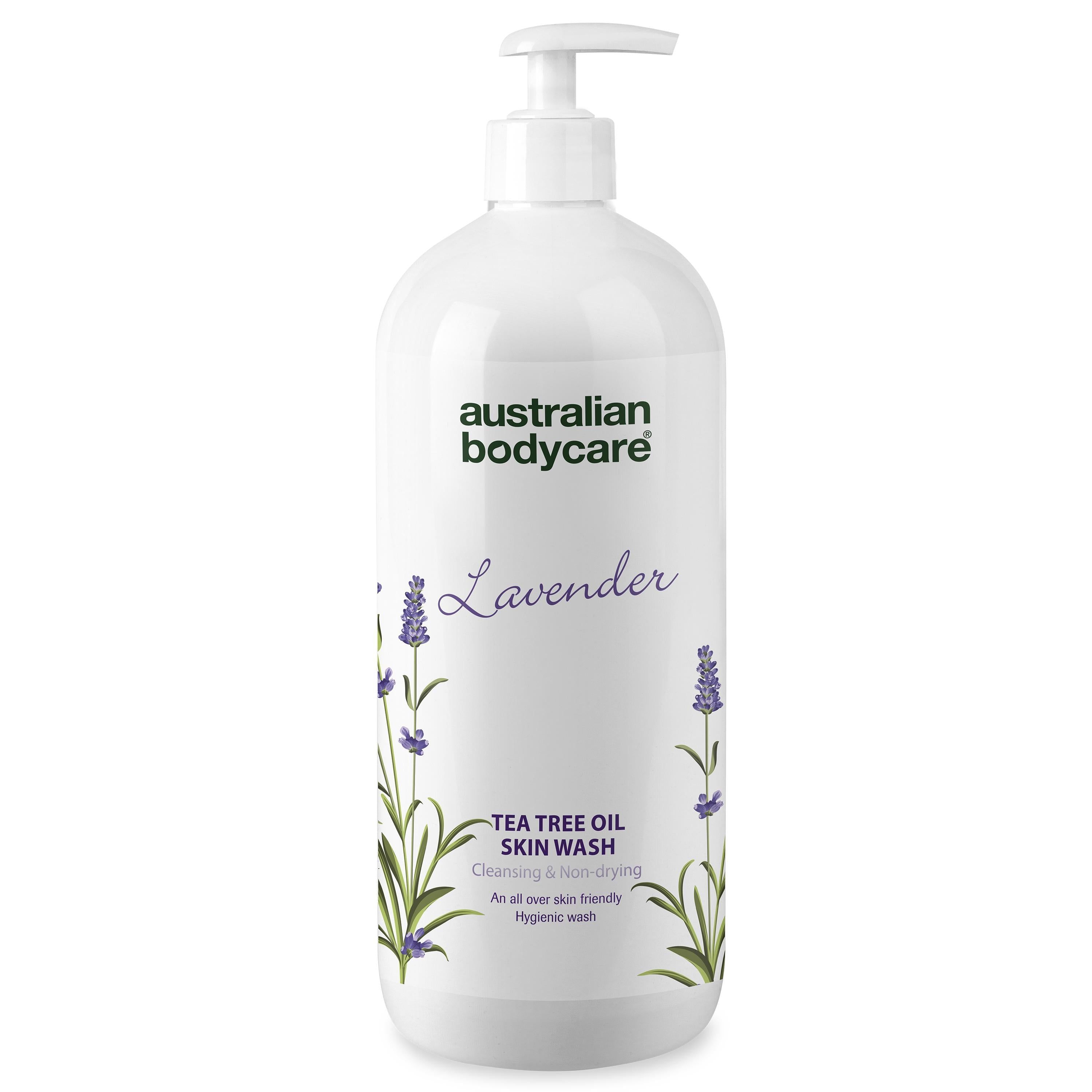 Weißer Spender mit Lavendel-Design. Text: Australian Bodycare, Lavender, Tea Tree Oil Skin Wash.