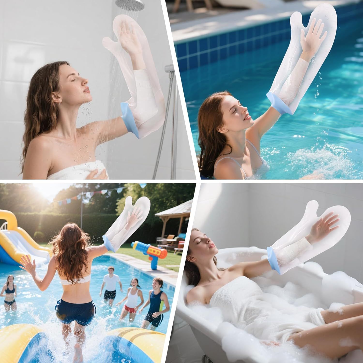 Mehrere Szenen mit Arm-Duschschutz. Personen duschen, schwimmen im Pool, baden in der Badewanne. Transparente Hülle mit blauem Ring.