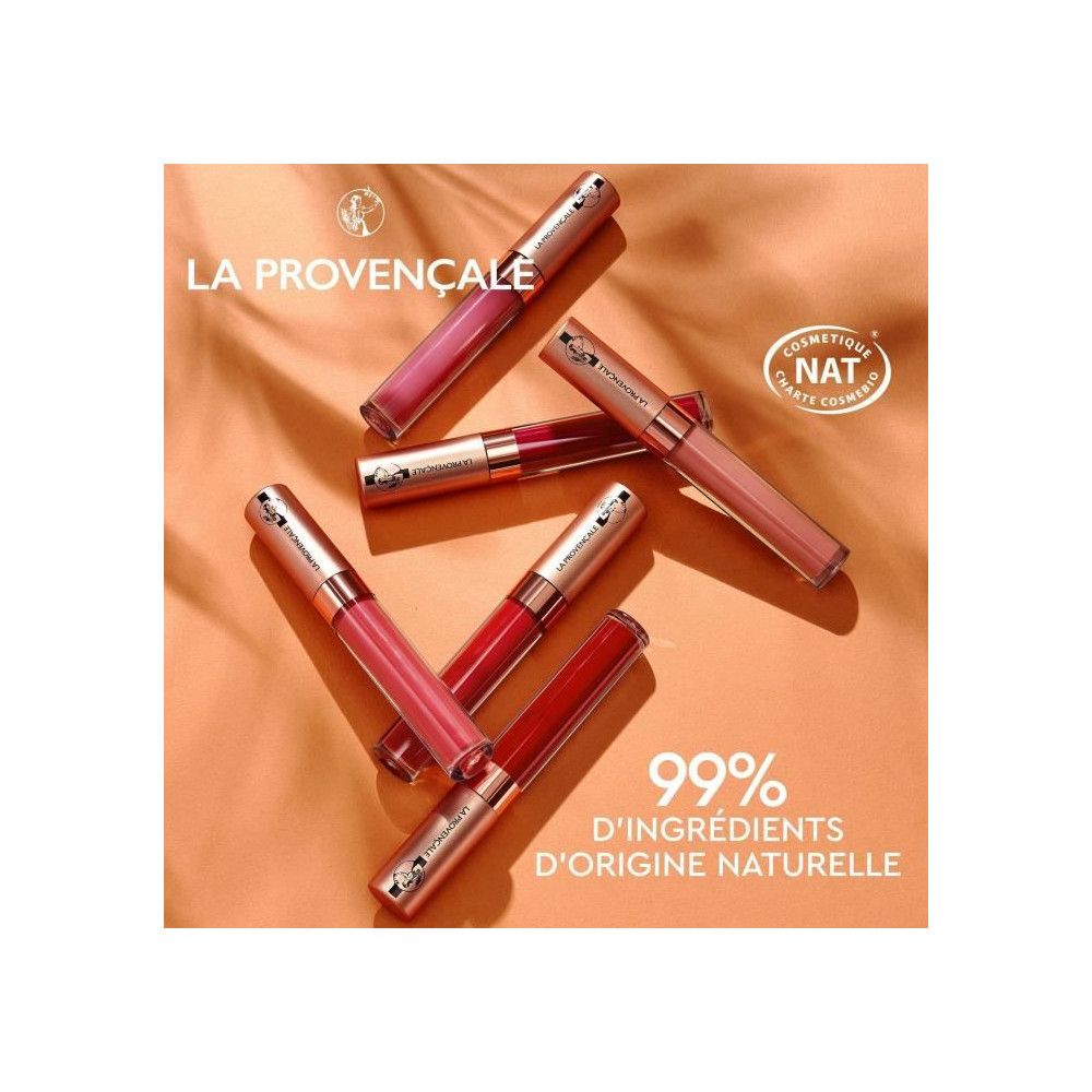 Mehrere flüssige Lippenstifte. Goldfarbene Deckel. Verschiedene Rottöne. Text: 99% Inhaltsstoffe natürlichen Ursprungs. Marke: La Provençale.