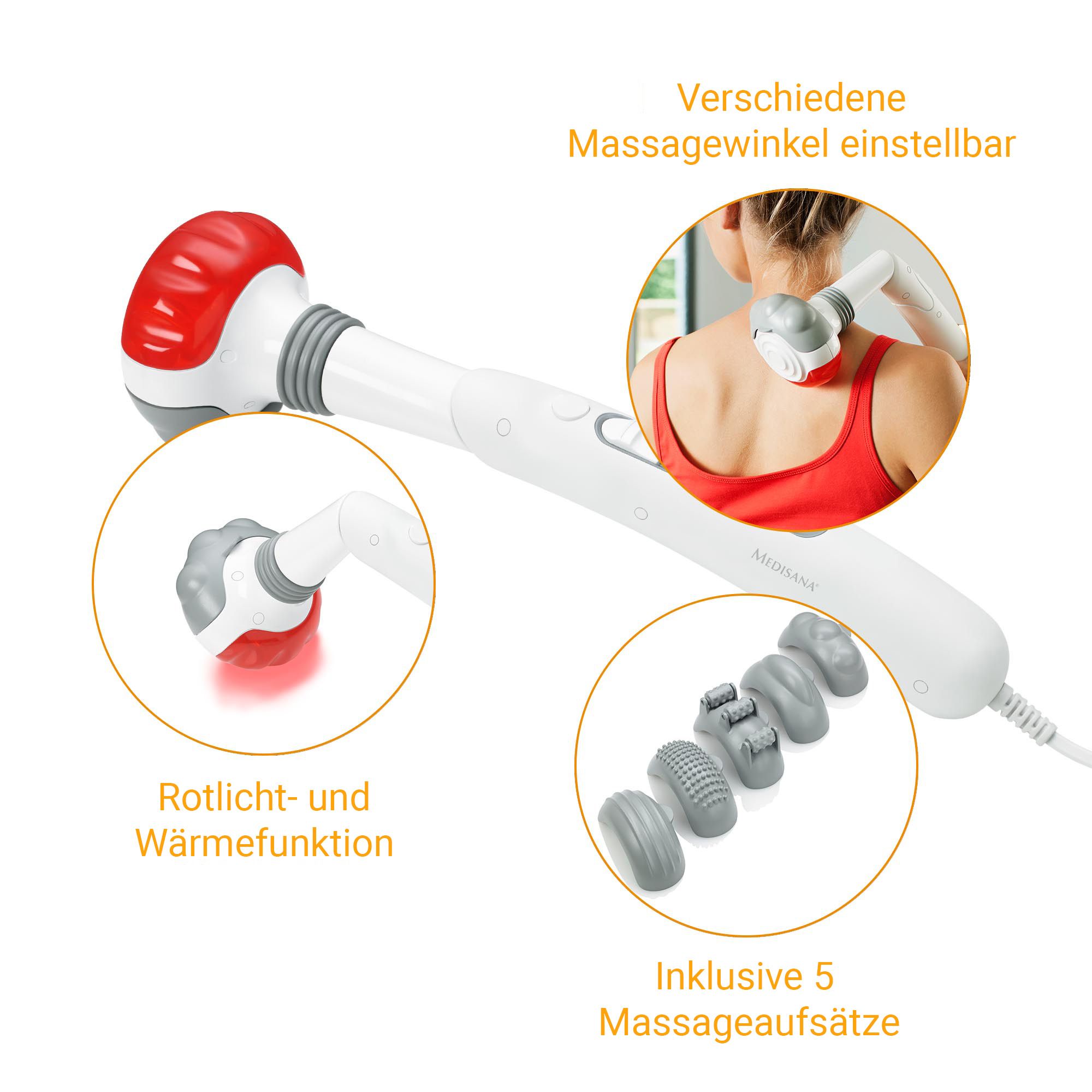 Medisana Handmassagegerät: Rotlicht, Wärme, 5 Aufsätze, verstellbare Winkel.