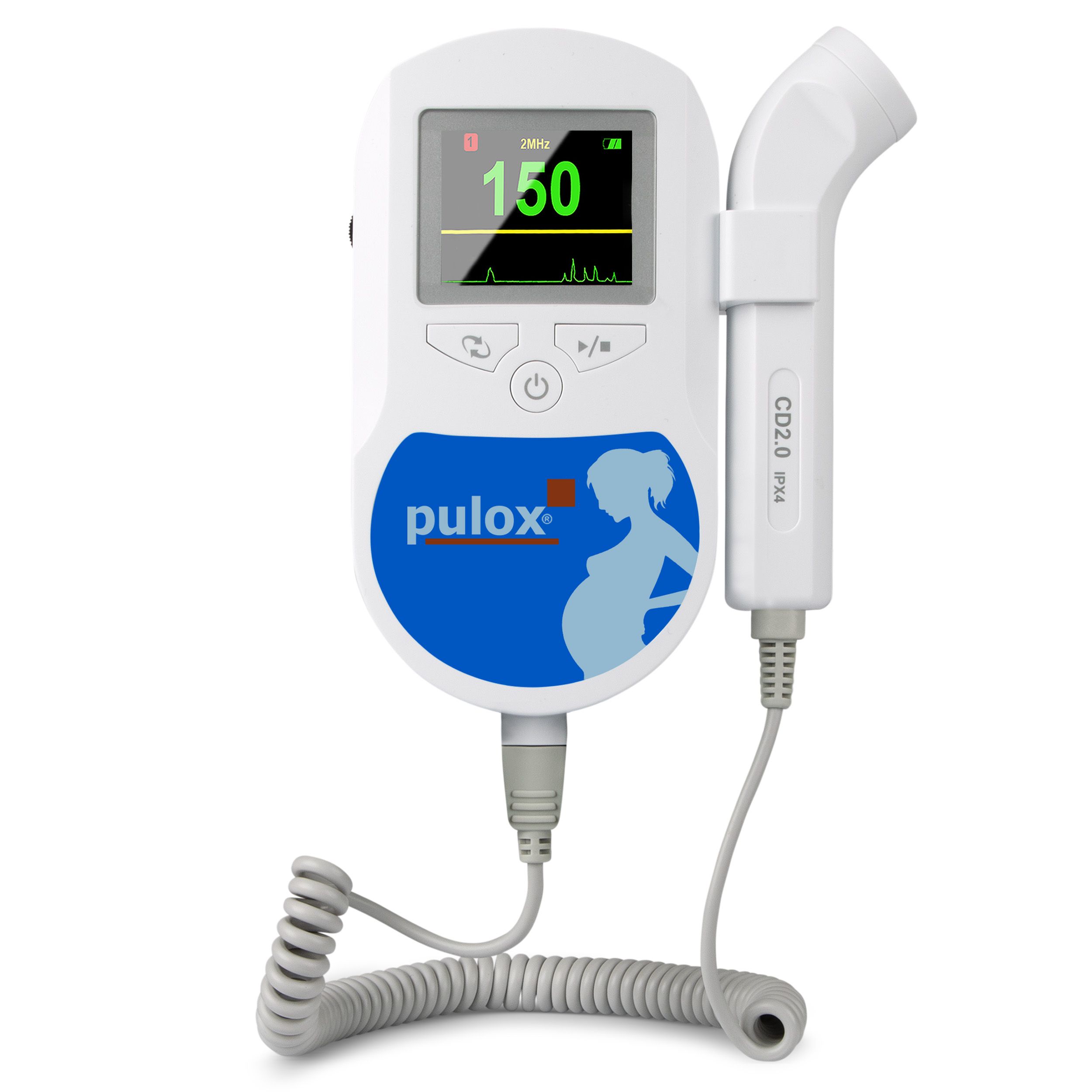 Fetal Doppler mit Display. Zeigt Herzfrequenz an. Weißes Gehäuse, blaue Logo-Applikation. Sonde mit Kabel.