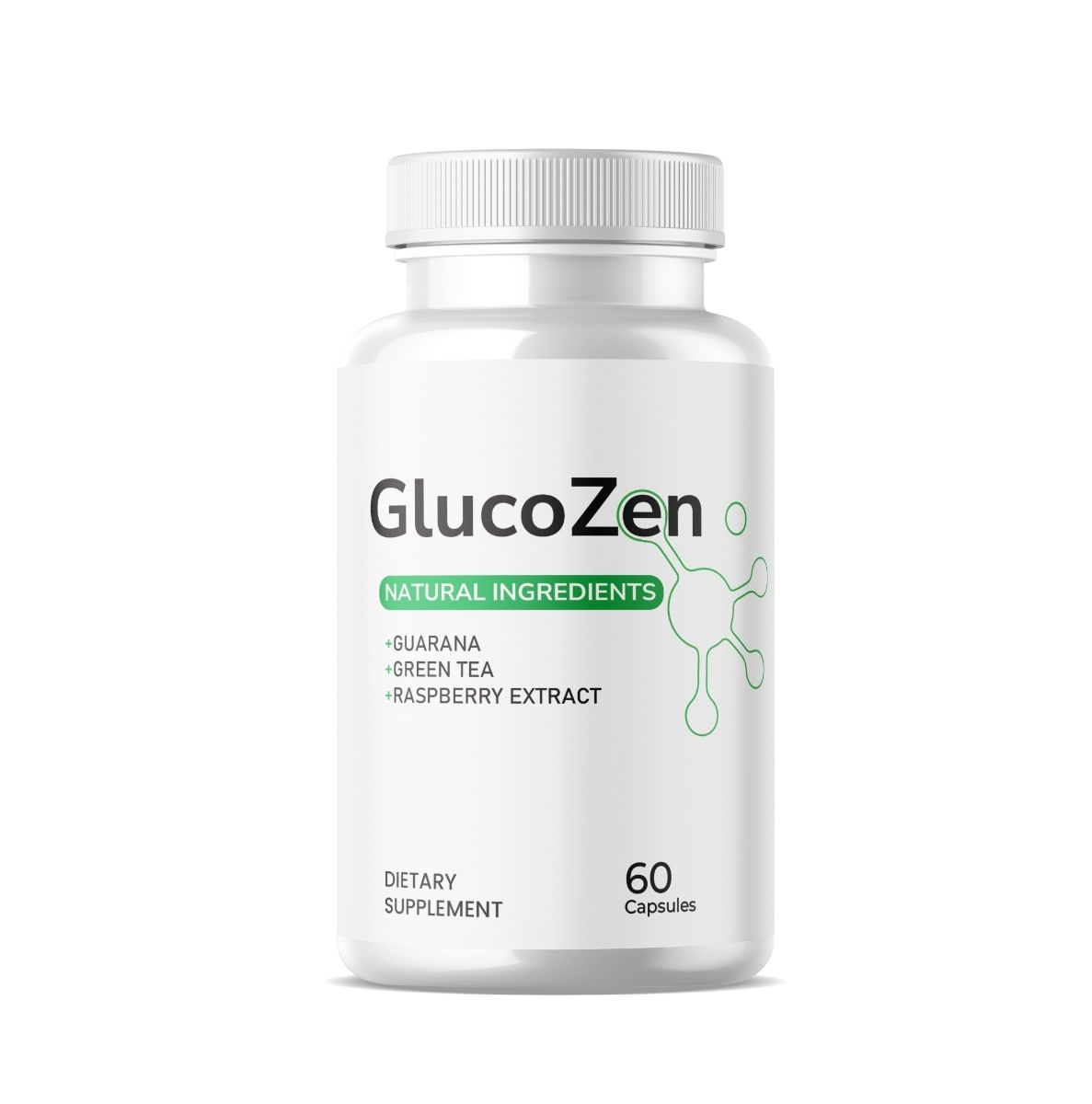 Weiße Flasche mit Schraubverschluss. Aufschrift: GlucoZen, natürliche Inhaltsstoffe, 60 Kapseln. Enthält Guarana, grünen Tee, Himbeerextrakt.