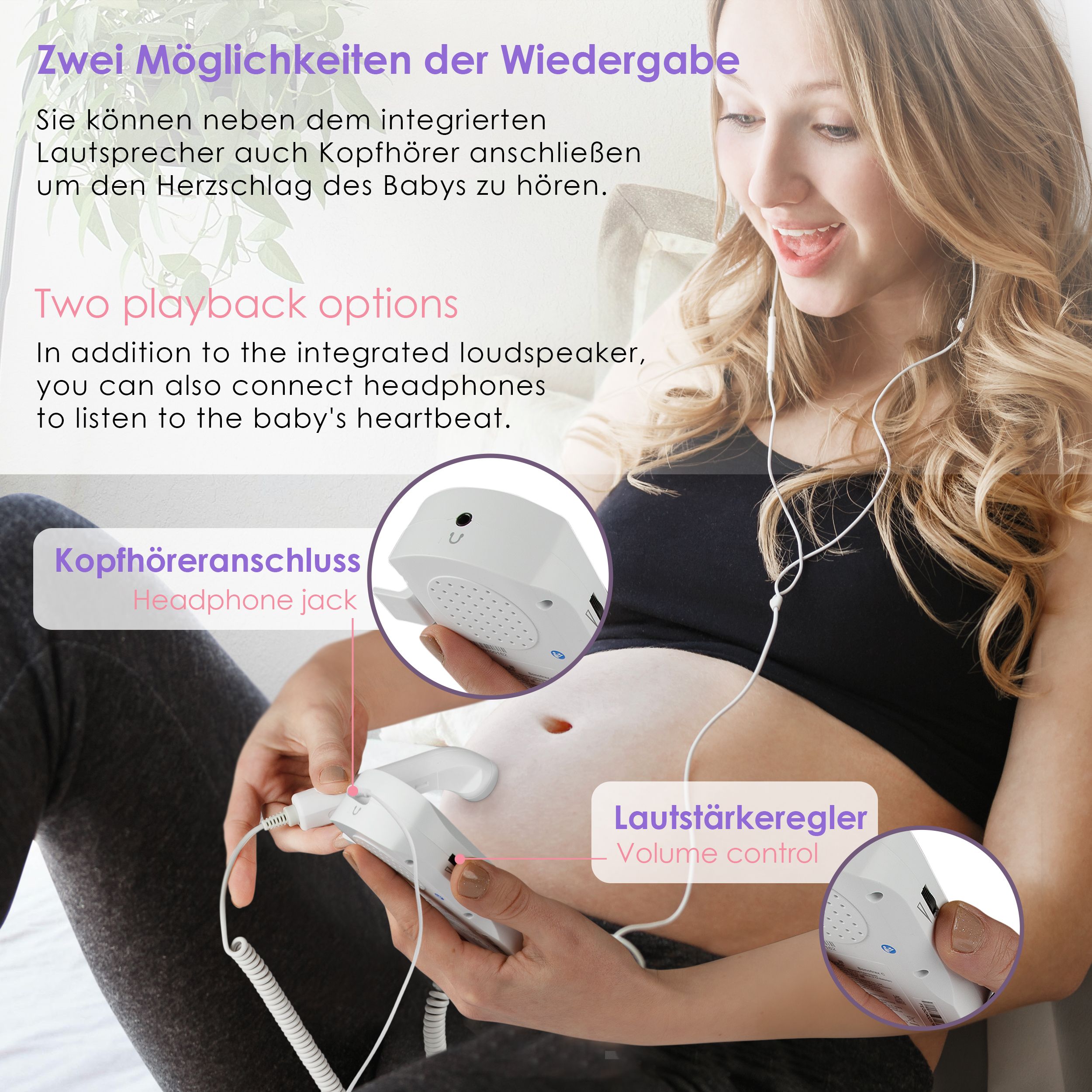Frau mit Fetal Doppler. Gerät am Bauch, Kopfhörer. Beschriftungen: Kopfhöreranschluss, Lautstärkeregler. Text: Zwei Wiedergabeoptionen.
