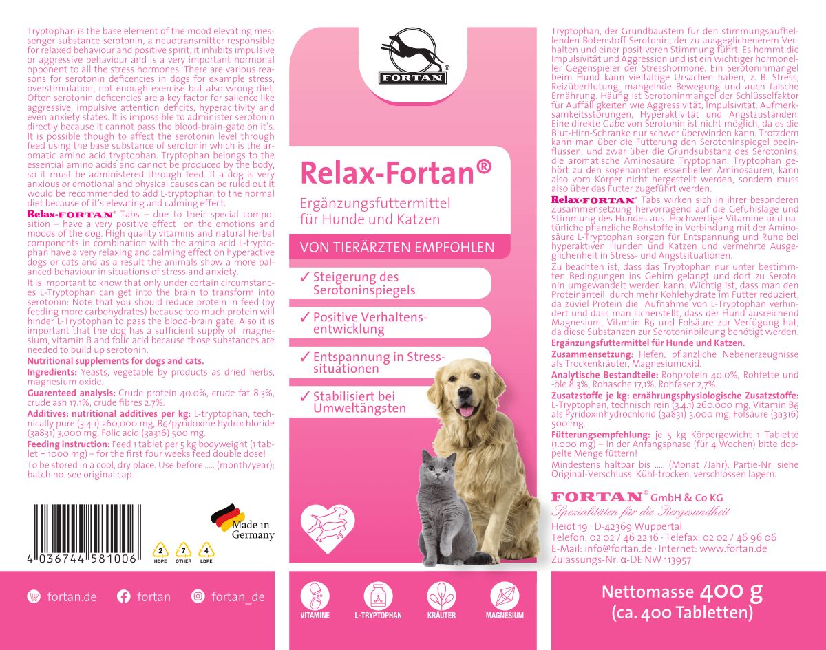 Verpackung Relax-Fortan. Logo, Produktname, Illustration Hund und Katze. Text in Deutsch. Ergänzungsfutter für Hunde und Katzen.