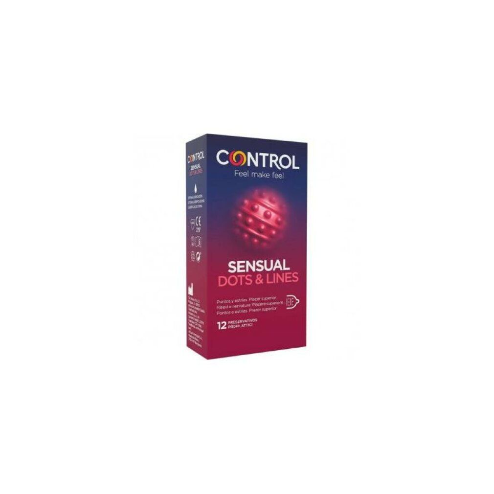 Control SENSUAL Dots & Lines Verpackung. Rechteckige Schachtel mit Produktnamen und Abbildung. 12 Kondome.