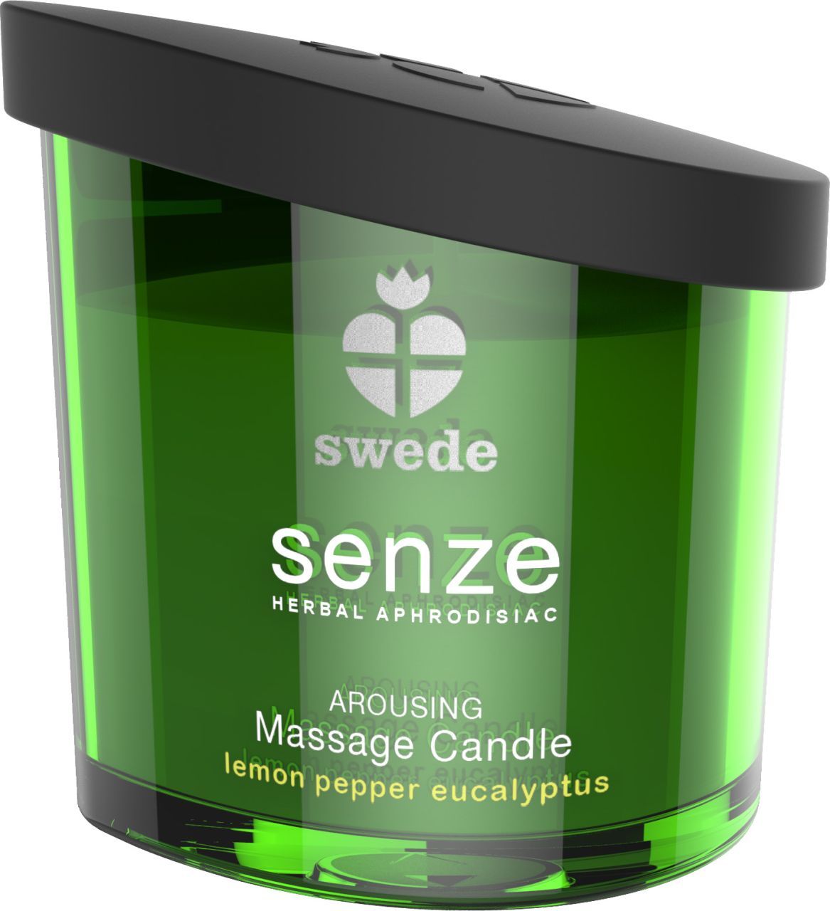 Grüne Massagekerze mit schwarzem Deckel. Aufschrift: Swede Senze, Arousing Massage Candle, Zitrone Pfeffer Eukalyptus.